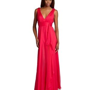 ABS Allen Schwartz ~ Cherry Pink Silk Chiffon V-Neck Formal Gown 0 NEW $449